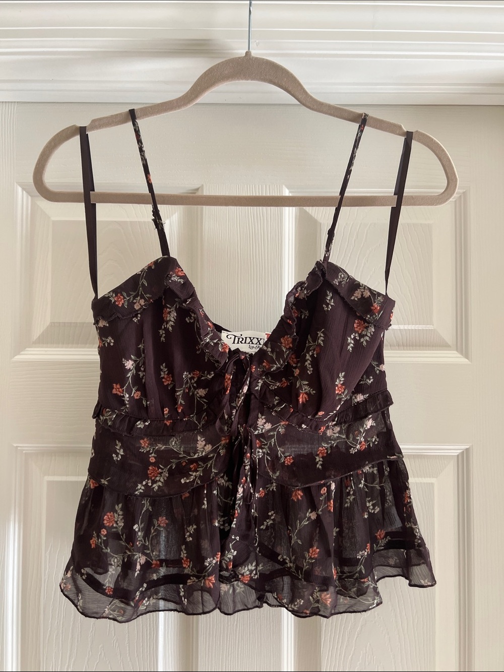 Trixxi Black Floral Ruffle Cami Crop Tank Top